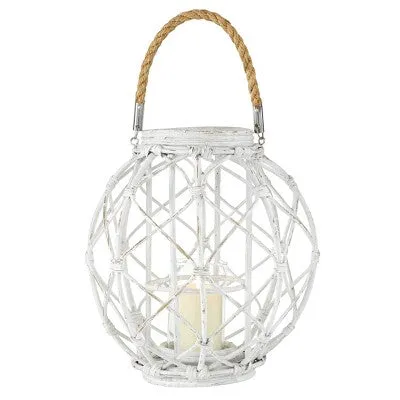 15" x 15" Woven Rattan/Glass Lantern with Burlap Jute Rope Handle White - Olivia & May