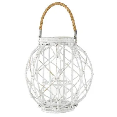 15" x 15" Woven Rattan/Glass Lantern with Burlap Jute Rope Handle White - Olivia & May