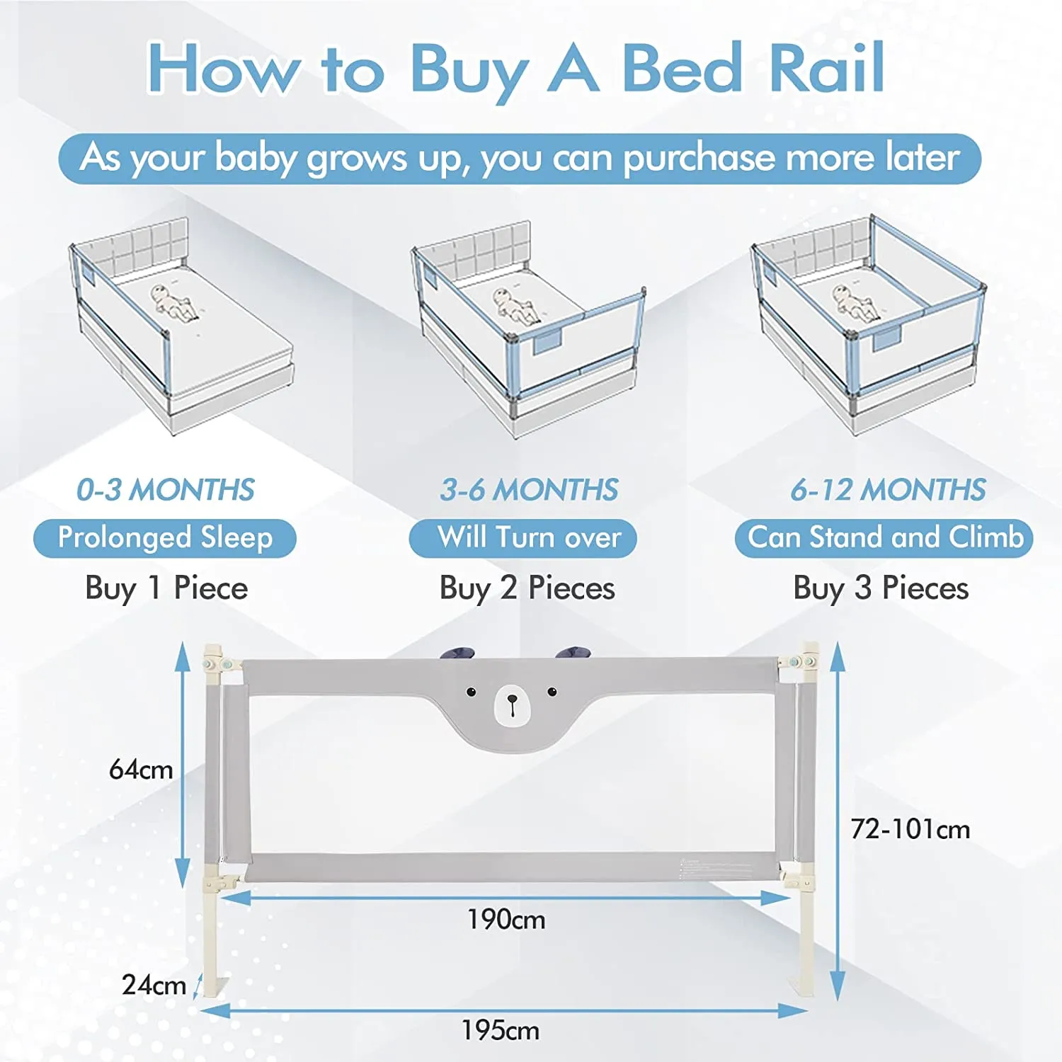 195cm Bed Rail with Double Safety Lock and Adjustable Height