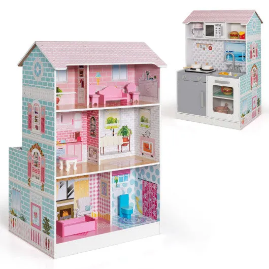 2-In-1 Double Sided Kids Kitchen Playset and Dollhouse with Furniture