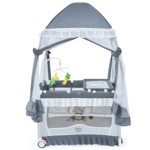 4 in 1 Convertible Baby Bed with Detachable Canopy and Changing Table-Grey