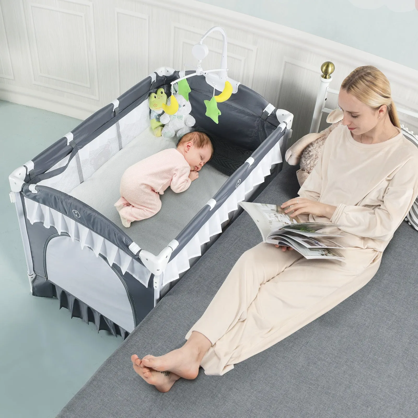 4 in 1 Convertible Baby Bed with Detachable Canopy and Changing Table-Grey