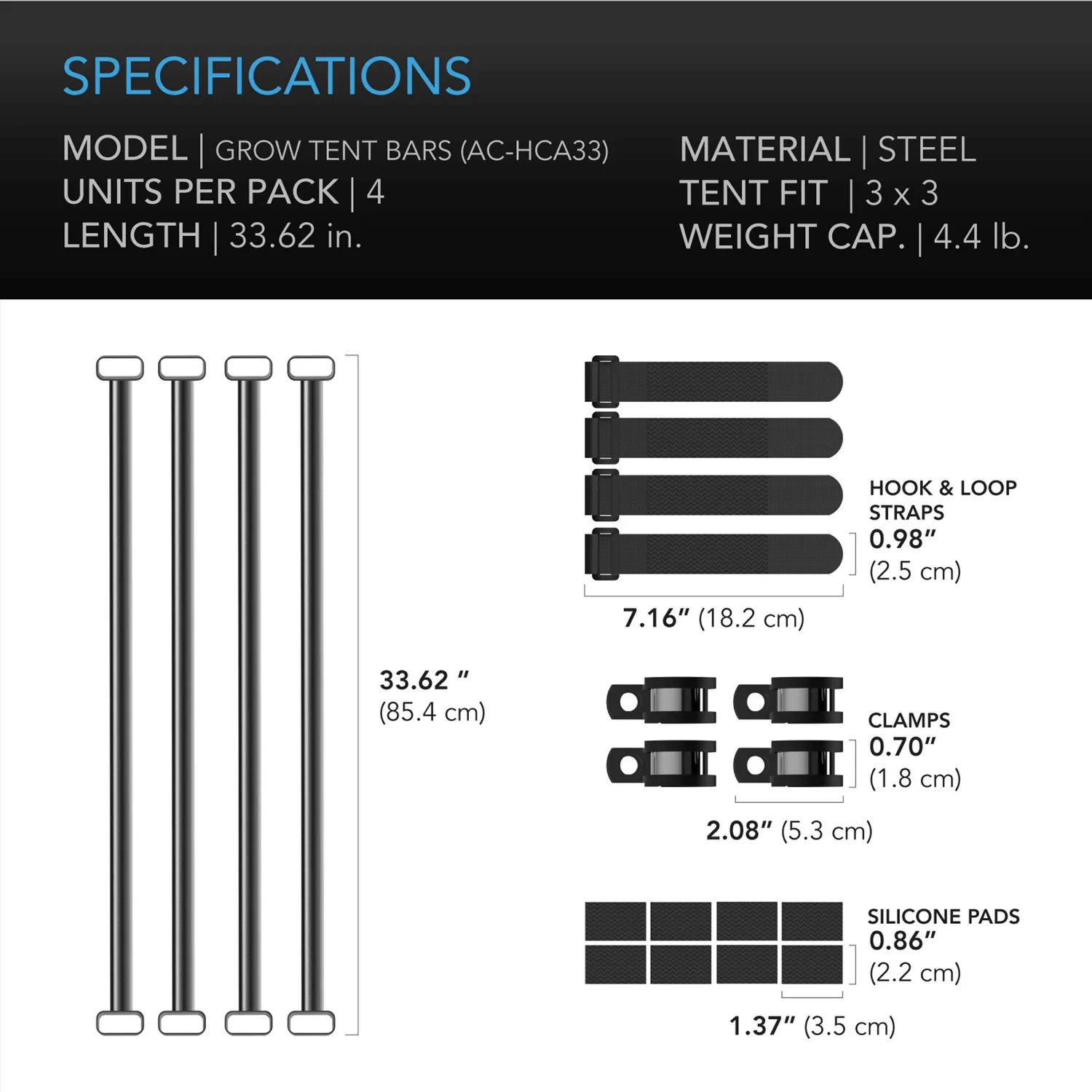 AC Infinity Grow Tent Mounting Bars, for Indoor Grow Spaces, 3x3'