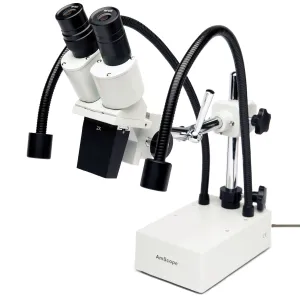 AmScope Outlet SE420 Series Compact Fixed-Lens Binocular Stereo Microscope 20X Magnification on Boom-Arm with Dual Gooseneck LED Lights