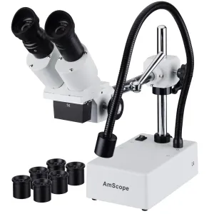 AmScope SE410 Series Compact Fixed-Lens Stereo Microscope 5X-20X Magnification On Boom-Arm with Gooseneck LED Light