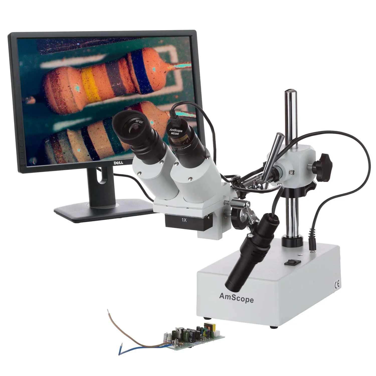 AmScope SE410 Seroes Widefield Binocular Stereo Microscope 10X & 20X Magnification on Boom Arm Stand and LED Incident Light