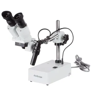 AmScope SE410 Seroes Widefield Binocular Stereo Microscope 10X & 20X Magnification on Boom Arm Stand and LED Incident Light