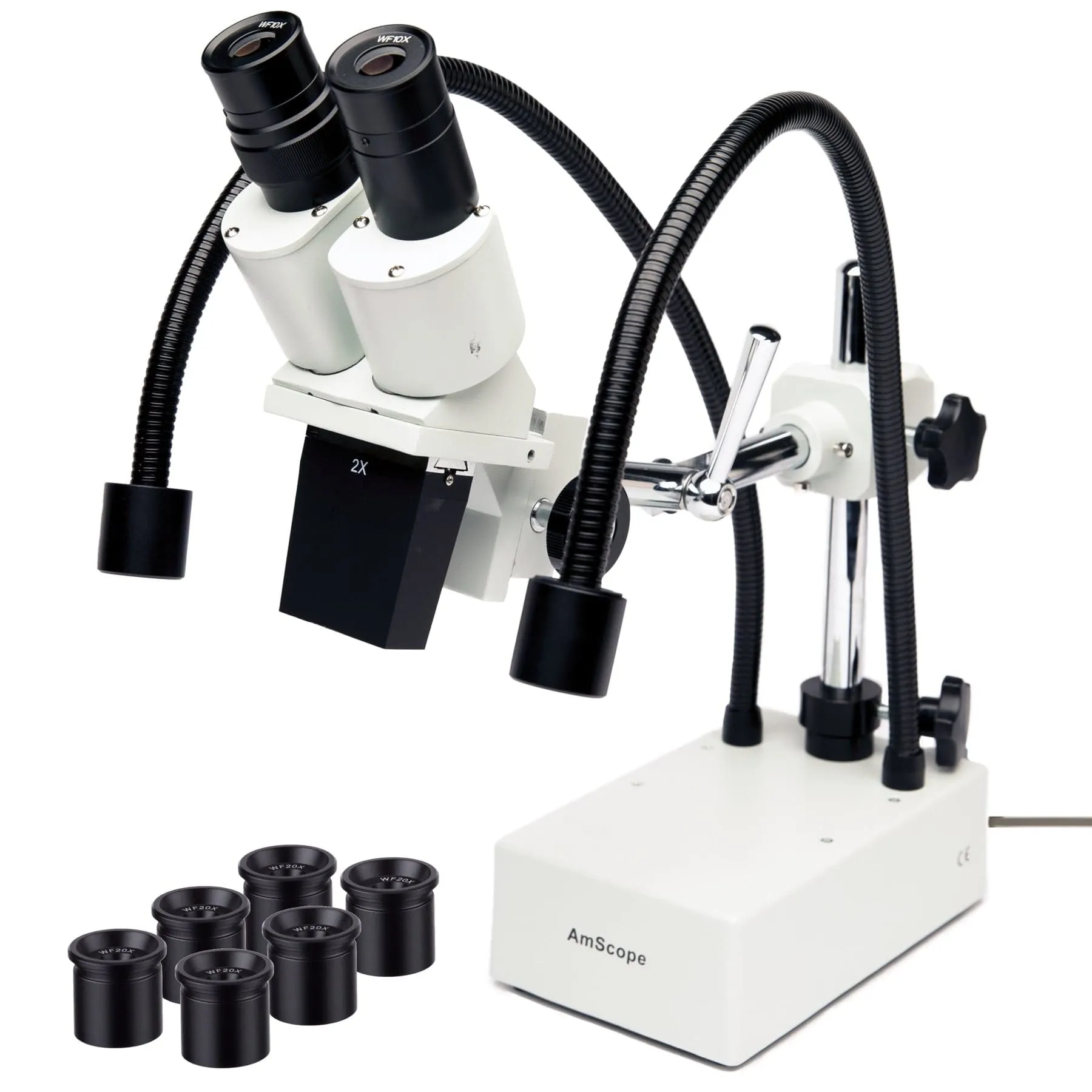 AmScope SE420 Series Compact Fixed-Lens Binocular Stereo Microscope 10X-40X Magnification on Boom-Arm Stand with Dual Gooseneck LED Lights