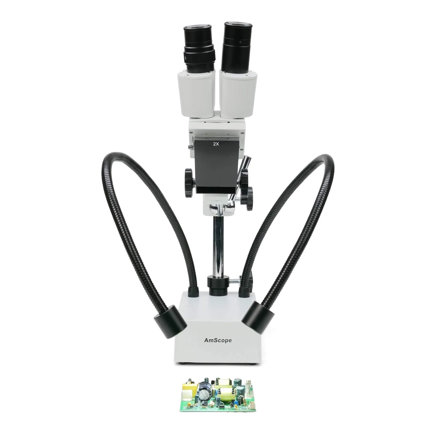 AmScope SE420 Series Compact Fixed-Lens Binocular Stereo Microscope 20X-30X Magnification on Boom-Arm Stand with Dual Gooseneck LED Lights