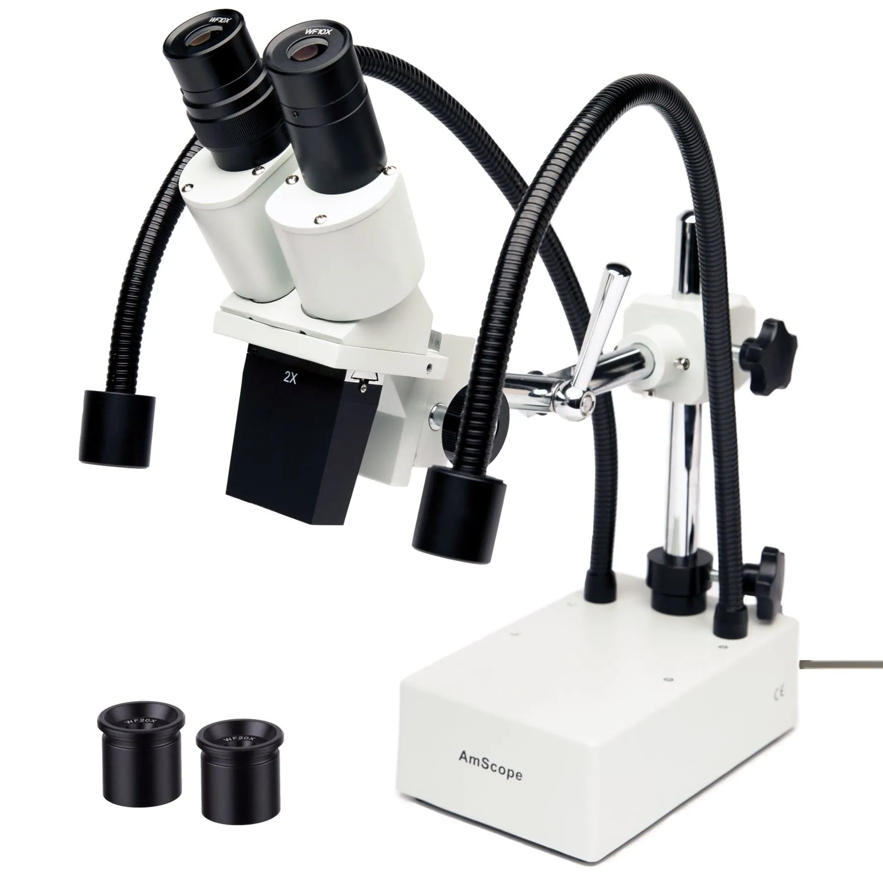 AmScope SE420 Series Compact Fixed-Lens Binocular Stereo Microscope 20X-30X Magnification on Boom-Arm Stand with Dual Gooseneck LED Lights