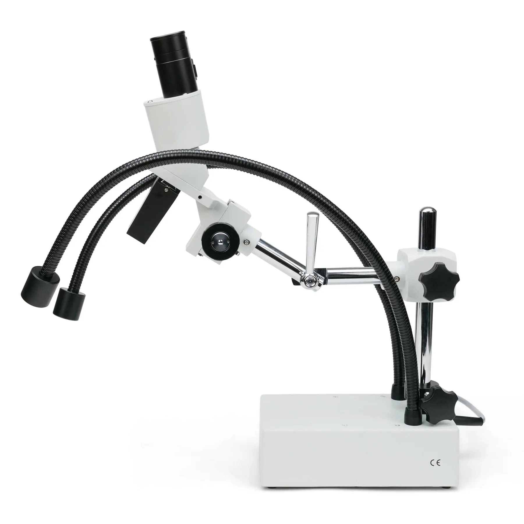 AmScope SE420 Series Compact Fixed-Lens Binocular Stereo Microscope 20X-30X Magnification on Boom-Arm Stand with Dual Gooseneck LED Lights