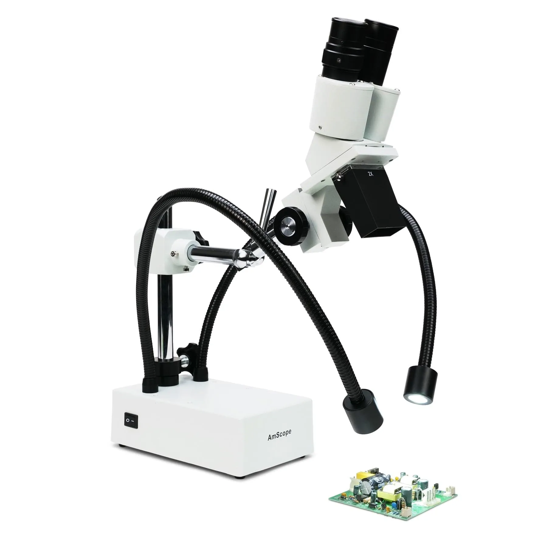 AmScope SE420 Series Compact Fixed-Lens Binocular Stereo Microscope 20X-30X Magnification on Boom-Arm Stand with Dual Gooseneck LED Lights