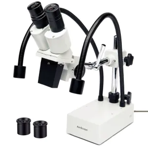 AmScope SE420 Series Compact Fixed-Lens Binocular Stereo Microscope 20X-40X Magnification on Boom-Arm Stand with Dual Gooseneck LED Lights