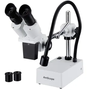 AmScope SE420 Series Compact Fixed-Lens Binocular Stereo Microscope 20X-40X Magnification on Boom-Arm Stand with Gooseneck LED Light