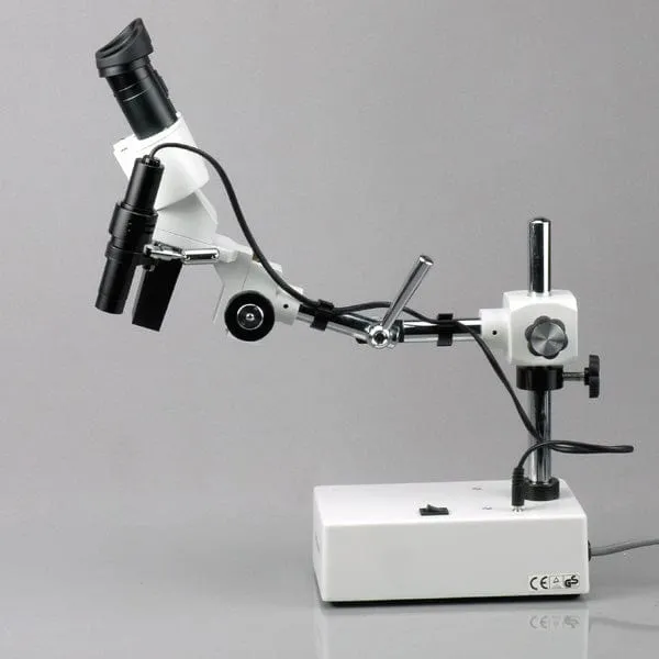 AmScope SE420 Series Compact Fixed-Lens Binocular Stereo Microscope 20X-40X Magnification on Boom-Arm Stand with Side Light and Digital Camera