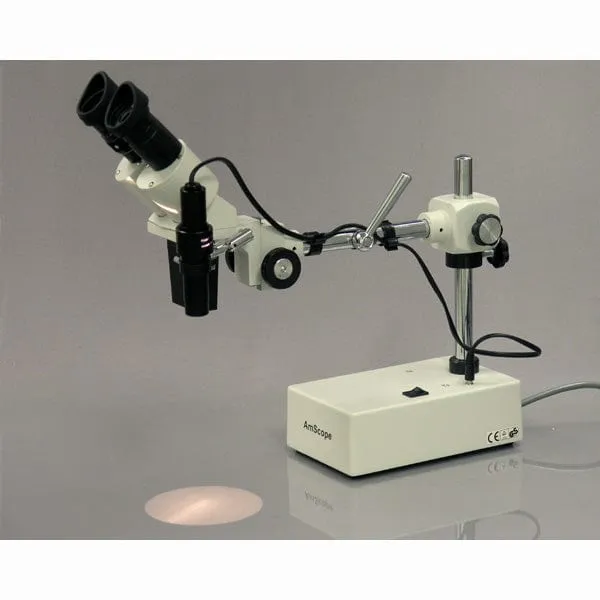 AmScope SE420 Series Compact Fixed-Lens Binocular Stereo Microscope 20X-40X Magnification on Boom-Arm Stand with Side Light and Digital Camera