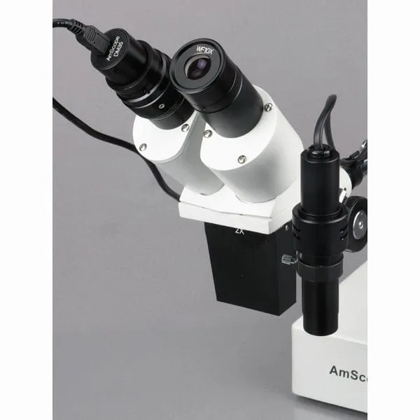 AmScope SE420 Series Compact Fixed-Lens Binocular Stereo Microscope 20X-40X Magnification on Boom-Arm Stand with Side Light and Digital Camera