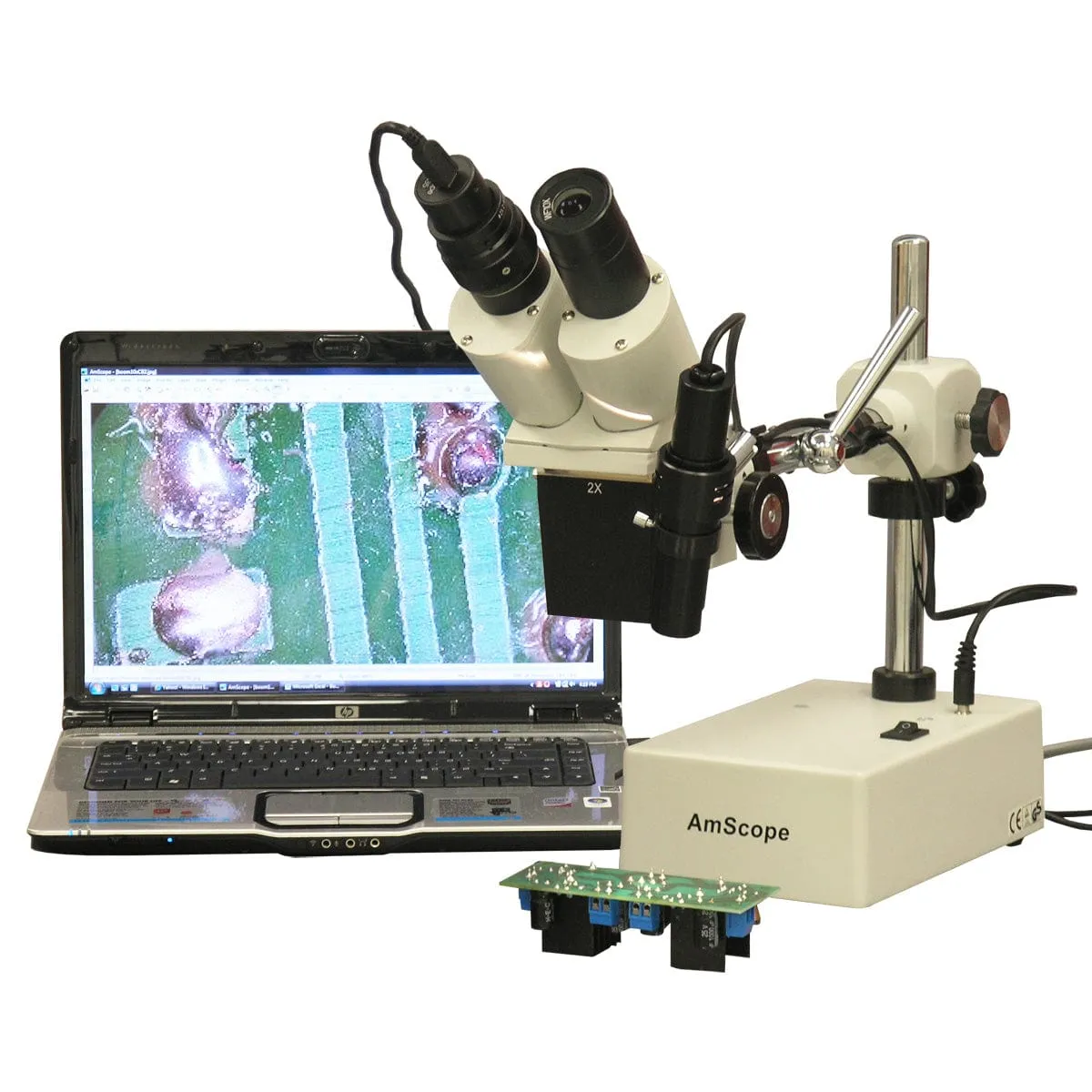 AmScope SE420 Series Compact Fixed-Lens Binocular Stereo Microscope 20X-40X Magnification on Boom-Arm Stand with Side Light and Digital Camera