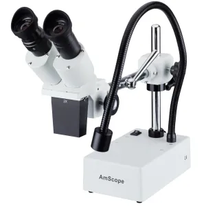 AmScope SE420 Series Compact Fixed-Lens Binocular Stereo Microscope 20X Magnification on Boom-Arm with Gooseneck LED Light