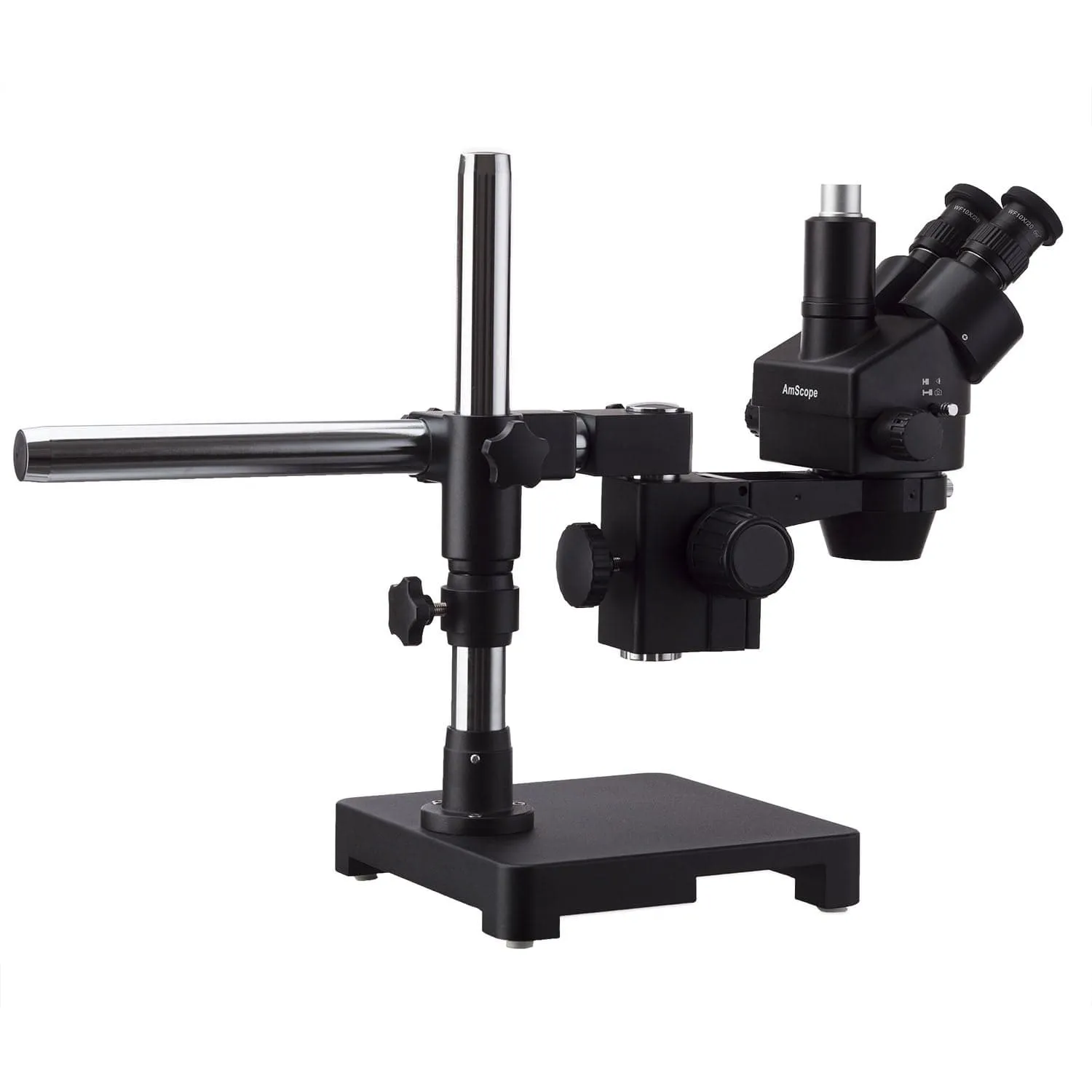 AmScope SM-3 Series Zoom Black Trinocular Stereo Microscope 3.5X-180X Magnification on Single Arm Boom Stand   Fluorescent Ring Light   5MP USB2.0 Camera