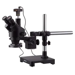 AmScope SM-3 Series Zoom Black Trinocular Stereo Microscope 3.5X-180X Magnification on Single Arm Boom Stand   Fluorescent Ring Light   5MP USB2.0 Camera