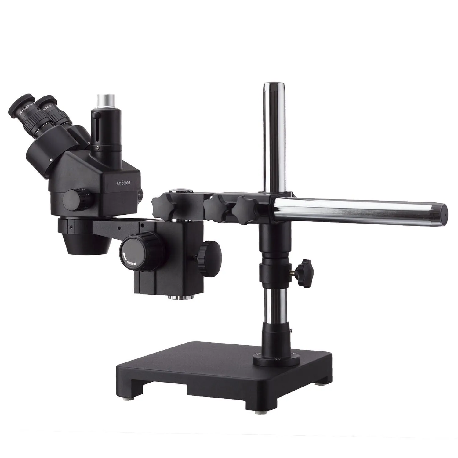 AmScope SM-3 Series Zoom Black Trinocular Stereo Microscope 3.5X-180X Magnification on Single Arm Boom Stand   Fluorescent Ring Light   5MP USB2.0 Camera