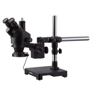 AmScope SM-3 Series Zoom Black Trinocular Stereo Microscope 3.5X-180X Magnification on Single Arm Boom Stand   Fluorescent Ring Light