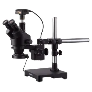 AmScope SM-3 Series Zoom Black Trinocular Stereo Microscope 3.5X-45X Magnification on Single Arm Boom Stand   144 LED Compact Ring-light with 10MP USB3.0 Camera