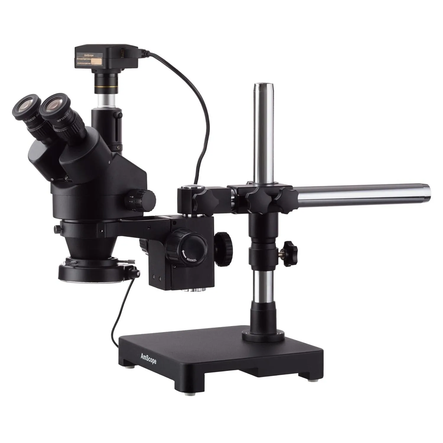 AmScope SM-3 Series Zoom Black Trinocular Stereo Microscope 3.5X-45X Magnification on Single Arm Boom Stand   144 LED Compact Ring-light with 16MP USB3.0 Camera