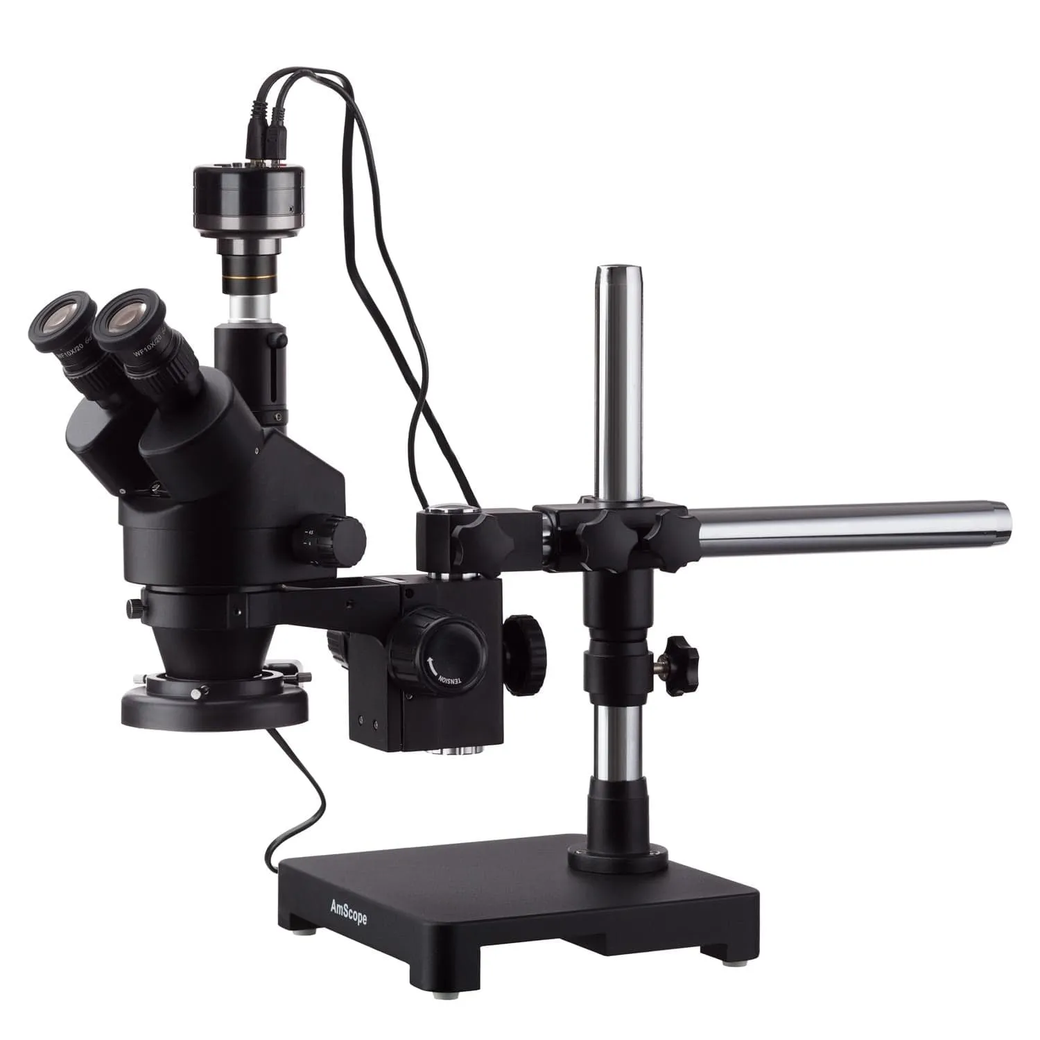 AmScope SM-3 Series Zoom Black Trinocular Stereo Microscope 3.5X-45X Magnification on Single Arm Boom Stand   Fluorescent Ring Light   HD Recording Camera