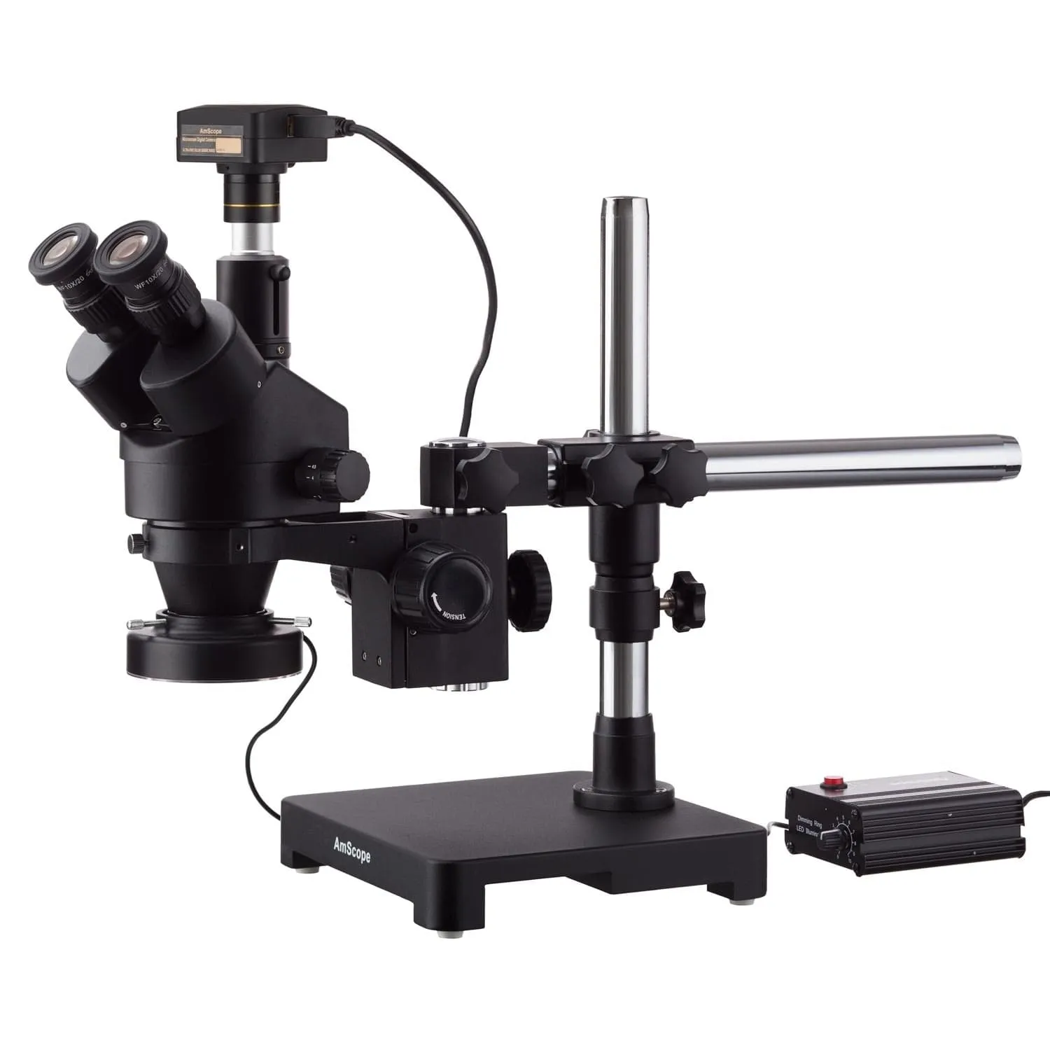 AmScope SM-3 Series Zoom Black Trinocular Stereo Microscope 3.5X-45X Magnification on Single Arm Boom Stand with Heavy Duty 80-LED Ring Light & 3MP USB3.0 Digital Camera