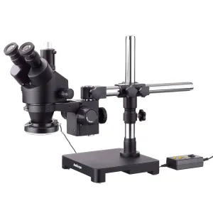 AmScope SM-3 Series Zoom Black Trinocular Stereo Microscope 3.5X-90X Magnification on Single Arm Boom Stand   144 Direction Adjustable LED Ring Light