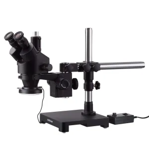 AmScope SM-3 Series Zoom Black Trinocular Stereo Microscope 7X-135X Magnification on Single Arm Boom Stand   144 LED Ring-light