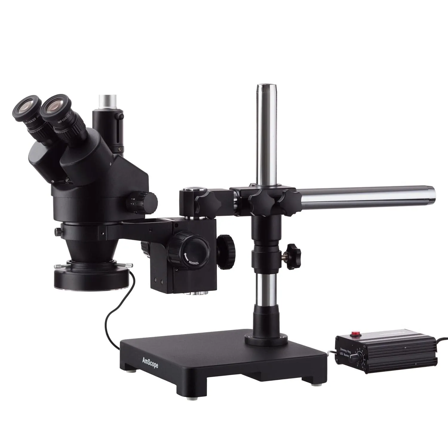 AmScope SM-3 Series Zoom Black Trinocular Stereo Microscope 7X-135X Magnification on Single Arm Boom Stand with Heavy Duty 80-LED Ring Light