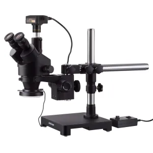 AmScope SM-3 Series Zoom Black Trinocular Stereo Microscope 7X-45X Magnification on Single Arm Boom Stand   144 LED Ring-light with 16MP USB3.0 Camera