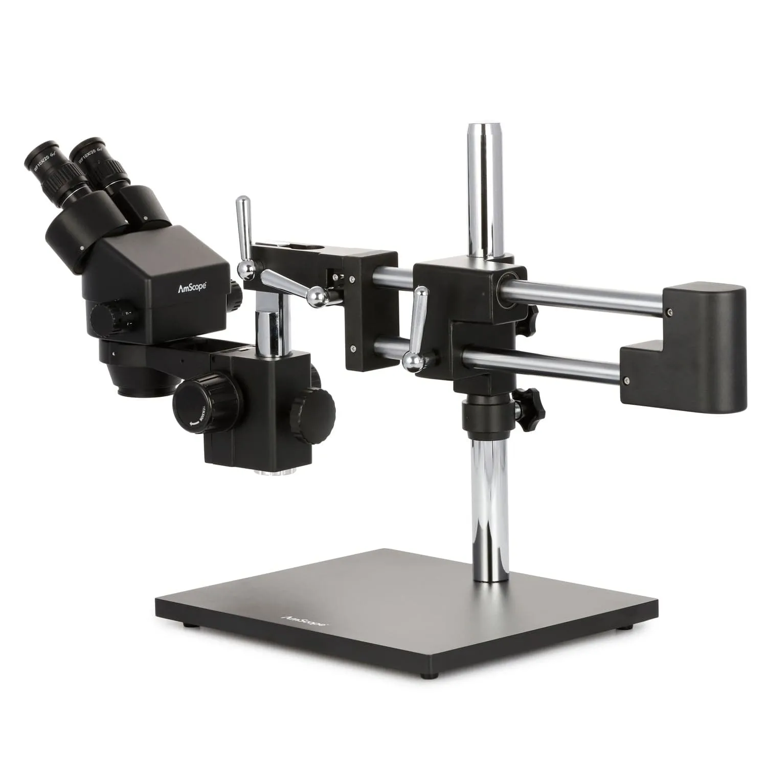 AmScope SM-4 Series Zoom Binocular Stereo Microscope 3.5X-90X Magnification on Black Double Arm Boom Stand