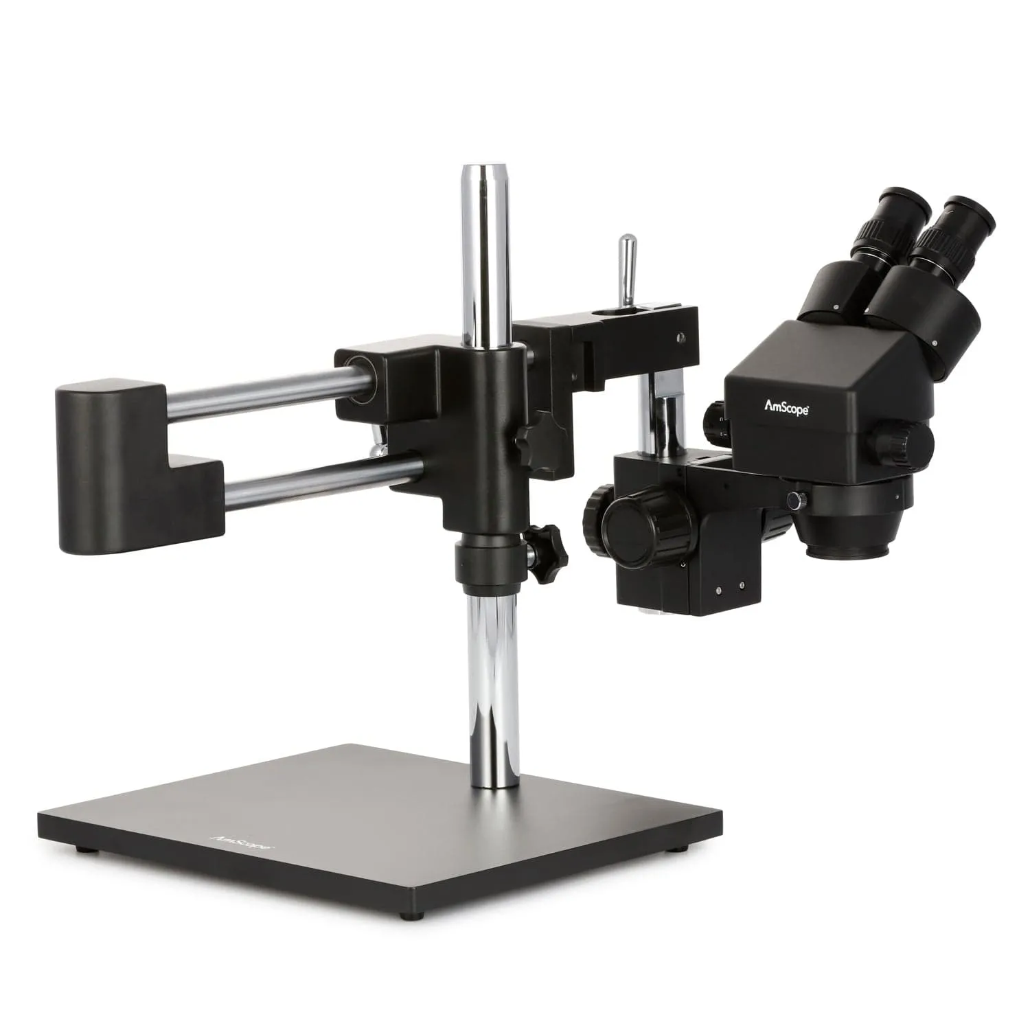 AmScope SM-4 Series Zoom Binocular Stereo Microscope 3.5X-90X Magnification on Black Double Arm Boom Stand