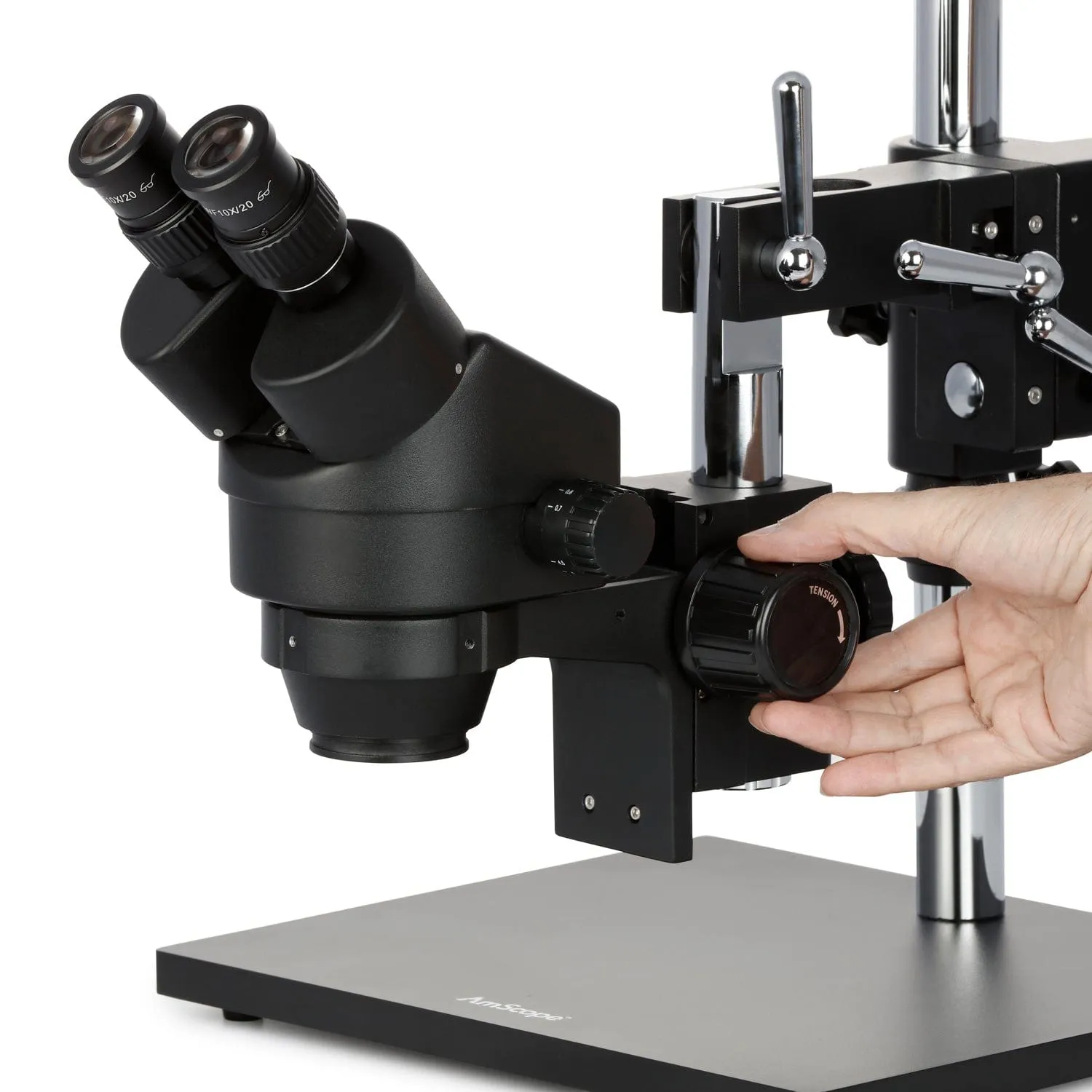 AmScope SM-4 Series Zoom Binocular Stereo Microscope 3.5X-90X Magnification on Black Double Arm Boom Stand