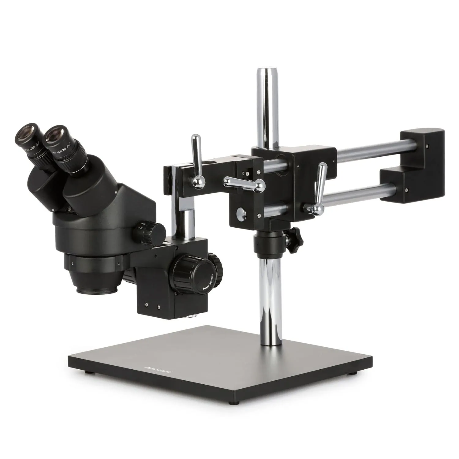 AmScope SM-4 Series Zoom Binocular Stereo Microscope 3.5X-90X Magnification on Black Double Arm Boom Stand