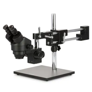 AmScope SM-4 Series Zoom Binocular Stereo Microscope 7X-45X Magnification on Black Double Arm Boom Stand