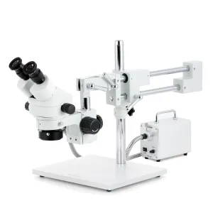 AmScope SM-4 Series Zoom Binocular Stereo Microscope 7X-45X Magnification with 30W LED Fiber Optic Ring Light on Double Arm Boom Stand