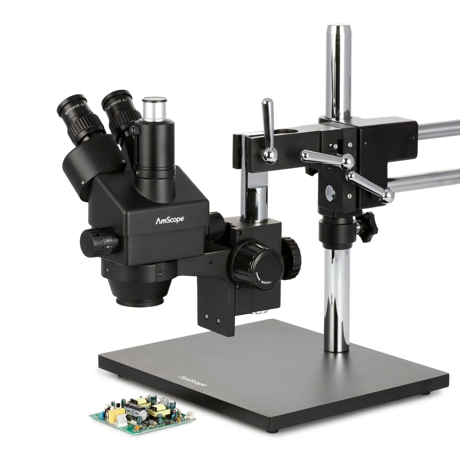 AmScope SM-4 Series Zoom Trinocular Stereo Microscope 7X-45X Magnification on Black Double Arm Boom Stand