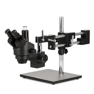 AmScope SM-4 Series Zoom Trinocular Stereo Microscope 7X-45X Magnification on Black Double Arm Boom Stand