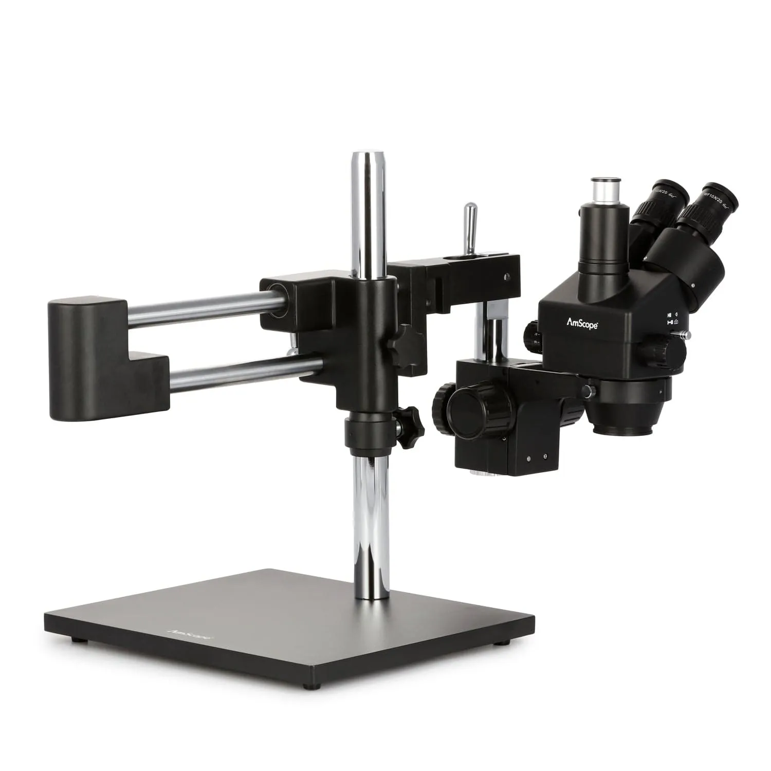 AmScope SM-4 Series Zoom Trinocular Stereo Microscope 7X-45X Magnification on Black Double Arm Boom Stand