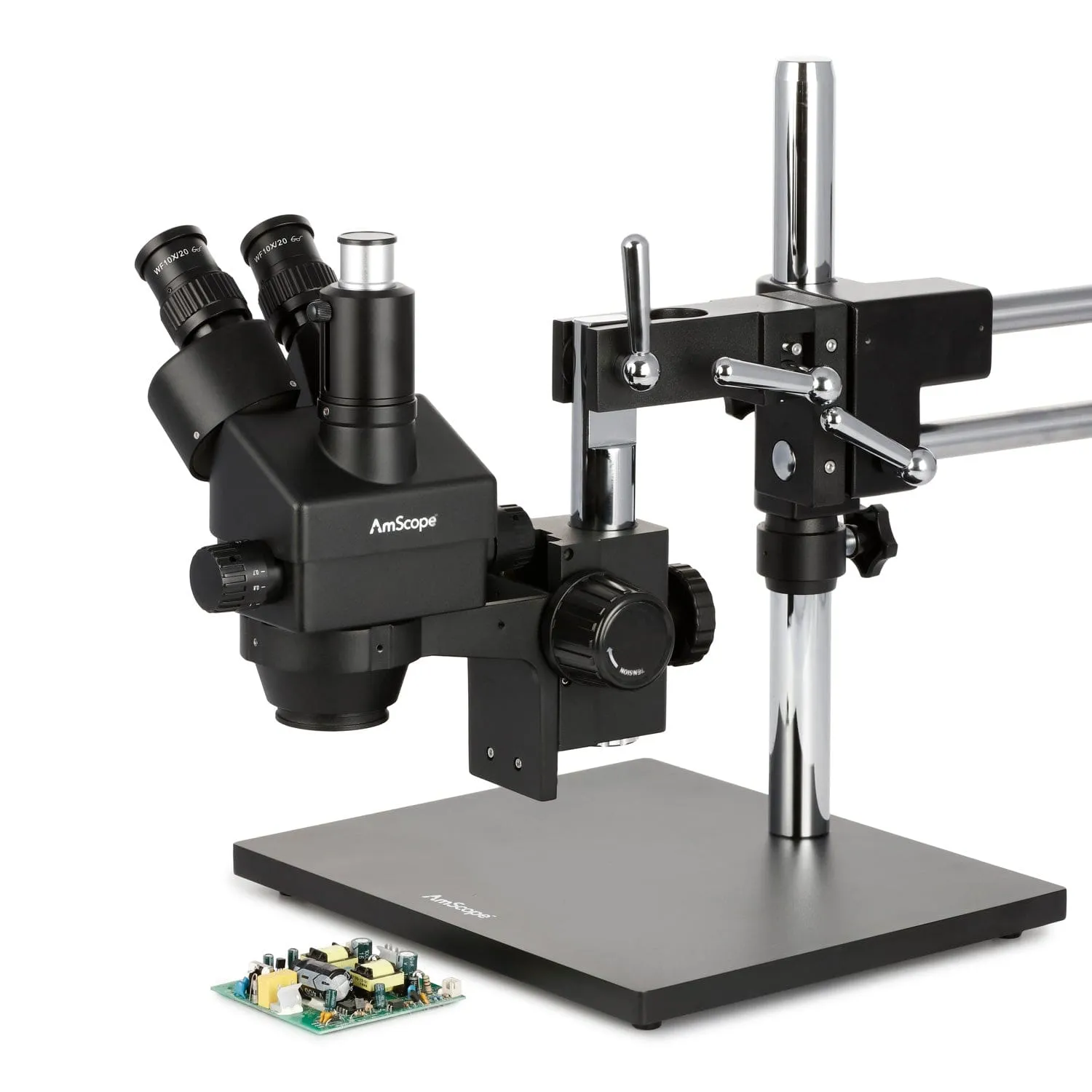 AmScope SM-4 Series Zoom Trinocular Stereo Microscope 7X-90X Magnification on Black Double Arm Boom Stand