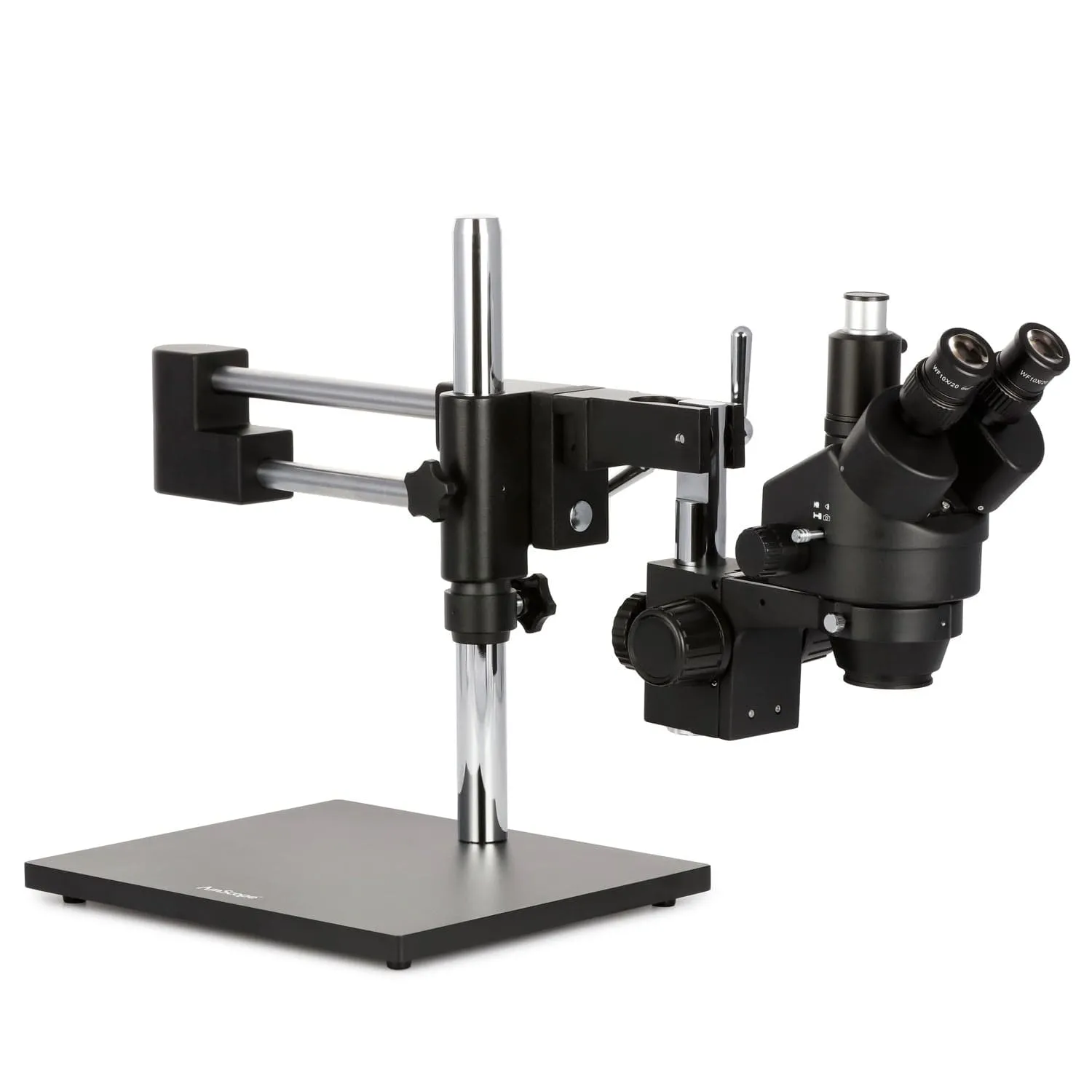 AmScope SM-4 Series Zoom Trinocular Stereo Microscope 7X-90X Magnification on Black Double Arm Boom Stand