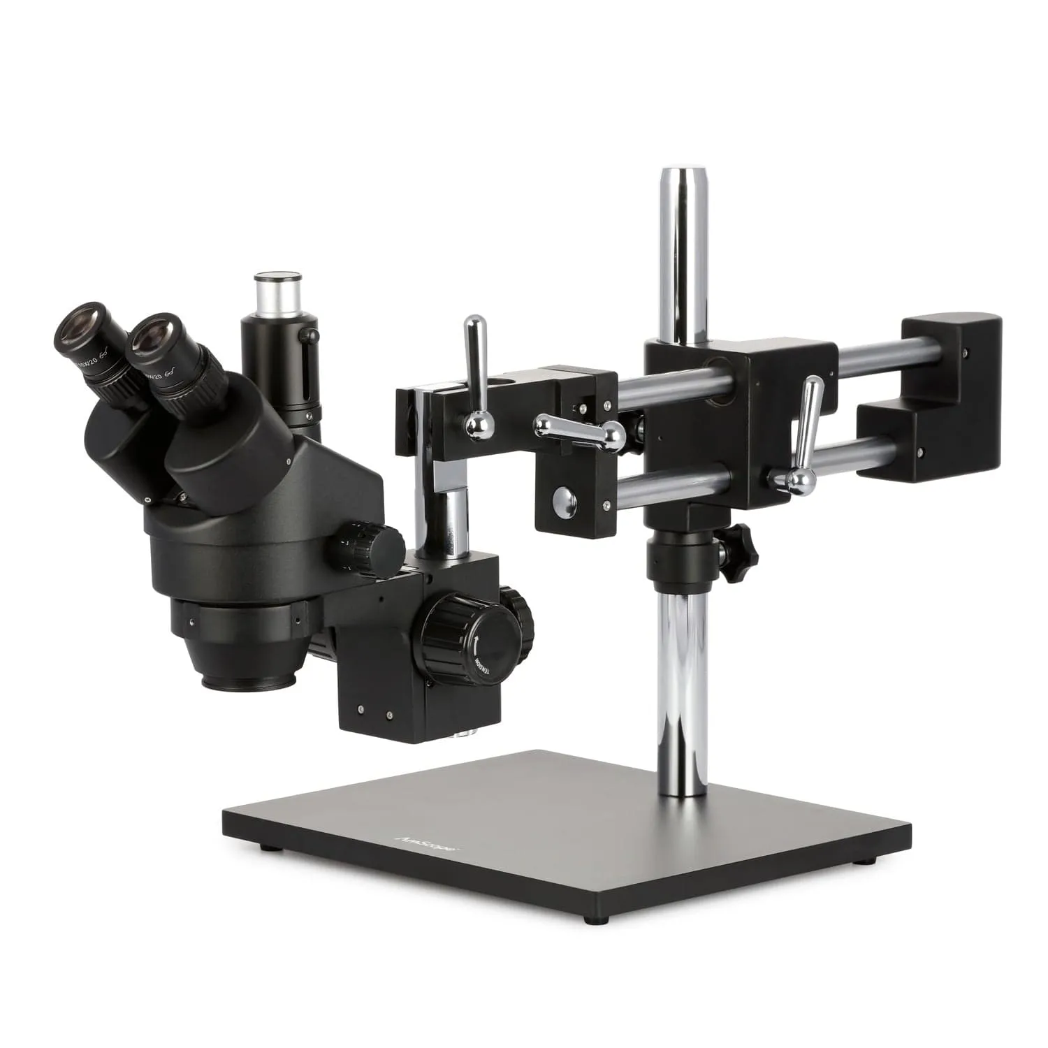 AmScope SM-4 Series Zoom Trinocular Stereo Microscope 7X-90X Magnification on Black Double Arm Boom Stand