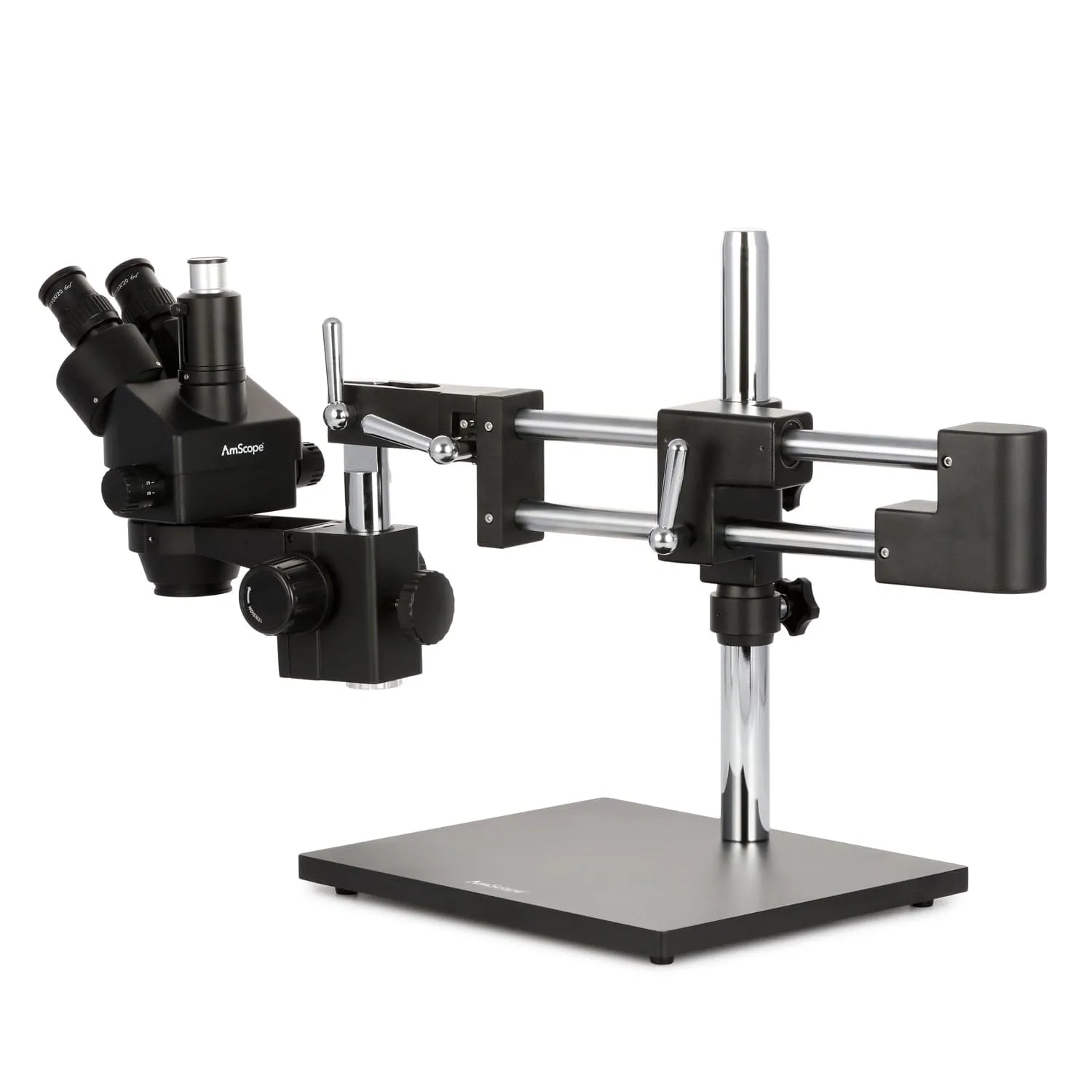 AmScope SM-4 Series Zoom Trinocular Stereo Microscope 7X-90X Magnification on Black Double Arm Boom Stand