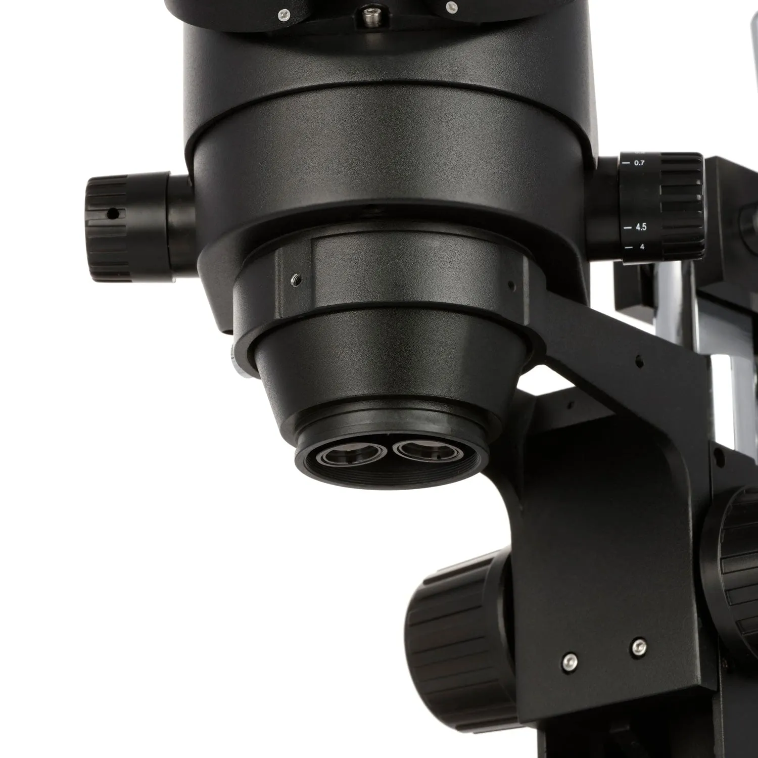 AmScope SM-4B Series Binocular Zoom Stereo Microscope 3.5X-45X Magnification on Black Double Arm Boom Stand