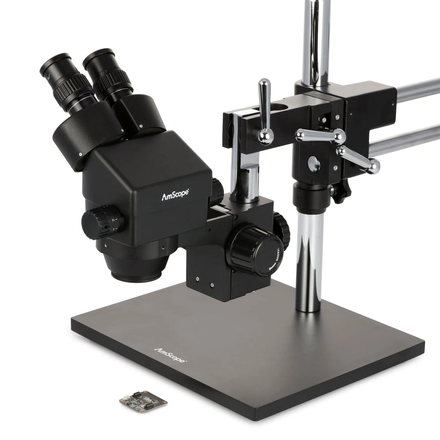 AmScope SM-4B Series Binocular Zoom Stereo Microscope 3.5X-45X Magnification on Black Double Arm Boom Stand